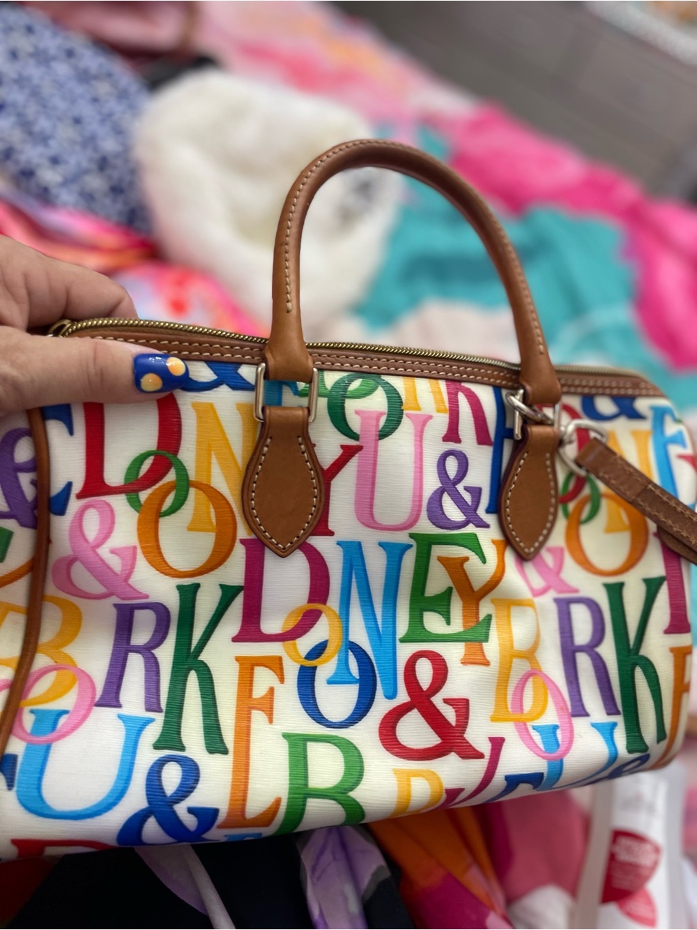 Dooney & Bourke Multicolor Logo Satchel with Brown Trim
